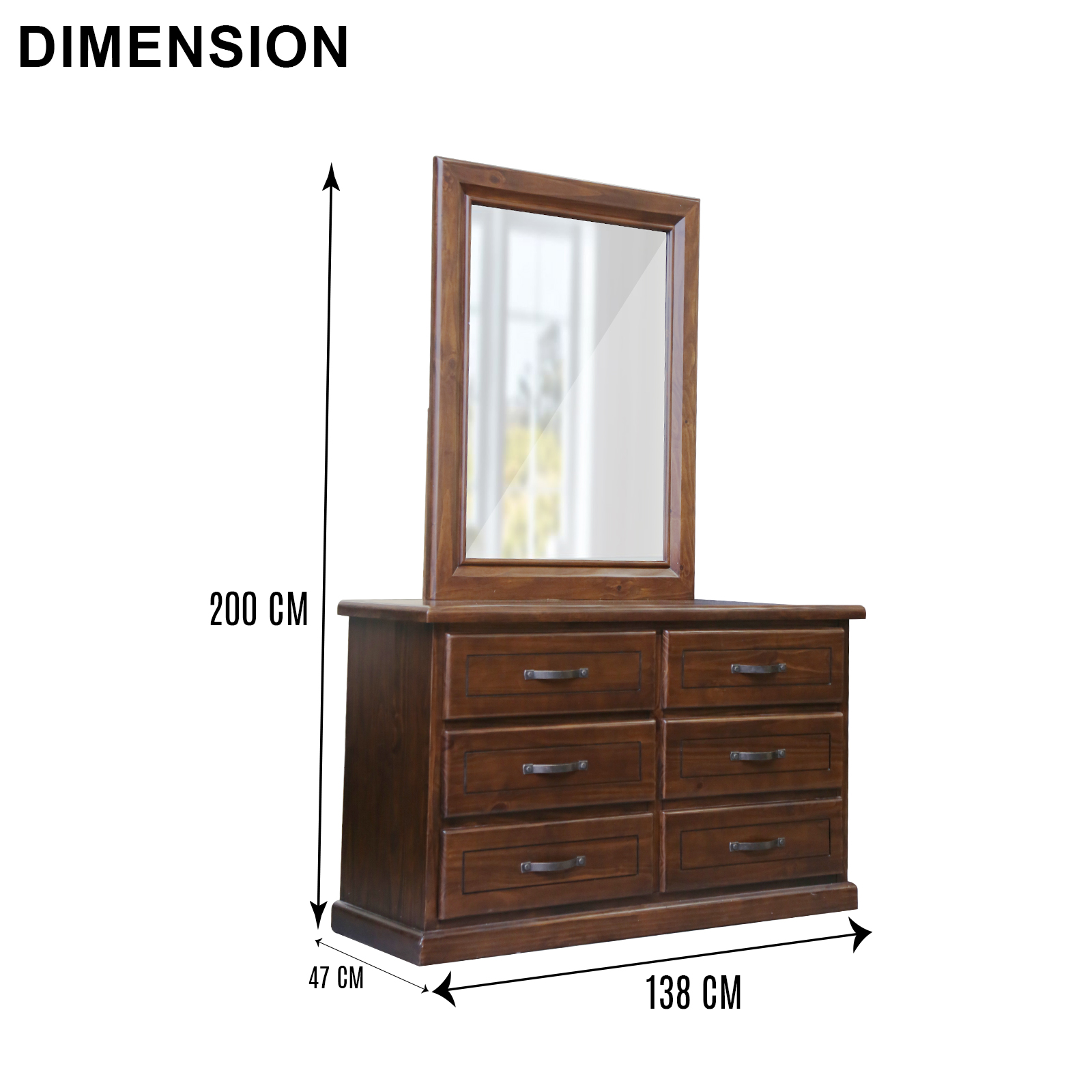 New Luxury Pinewood Dresser With Mirror Bedroom Furniture Brown