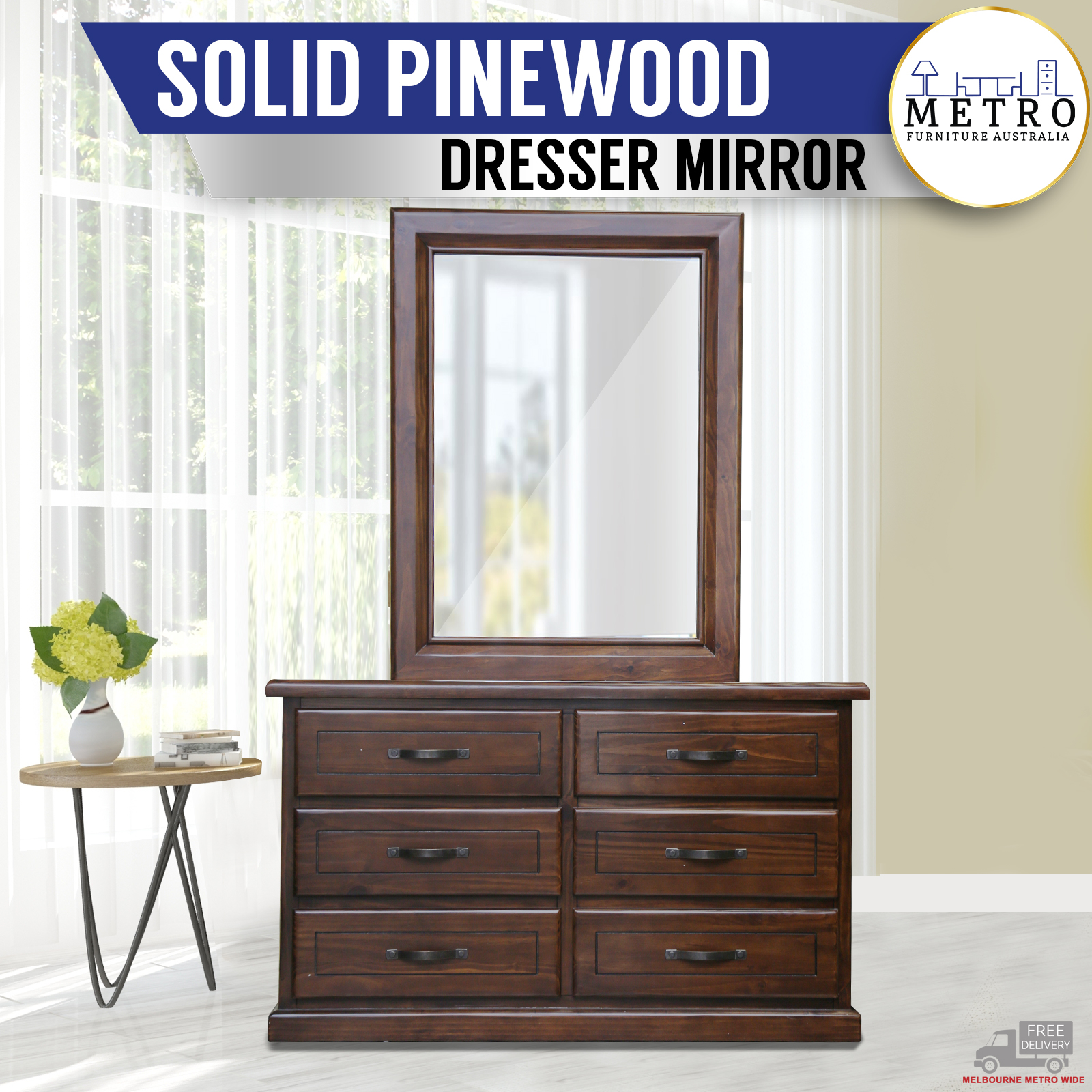 Details About New Luxury Pinewood Dresser With Mirror Bedroom Furniture Brown