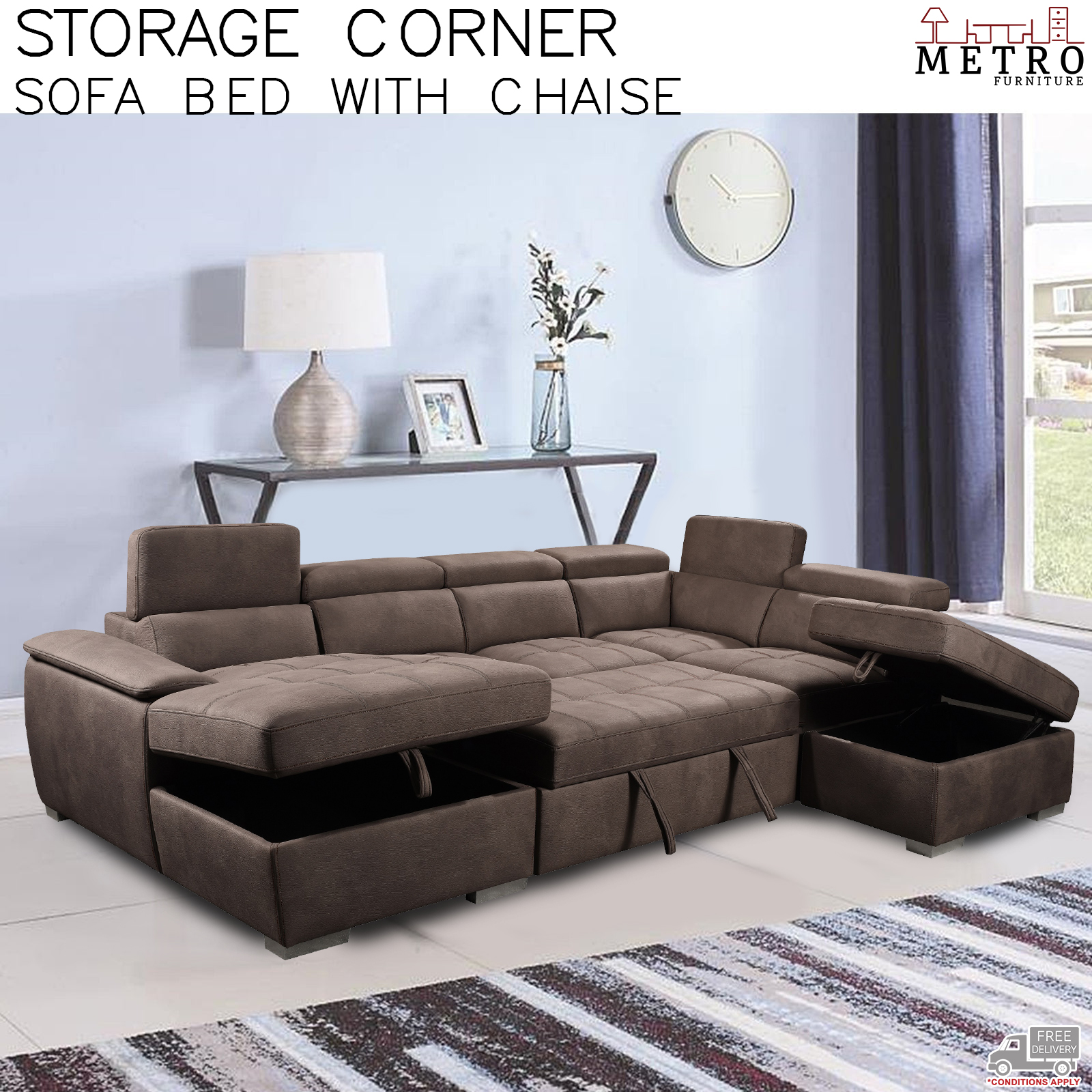 Luxury Stroage Corner Sofa Bed With Chaise 4 Seater Sofa Bed Rhino Fabric Lounge Ebay
