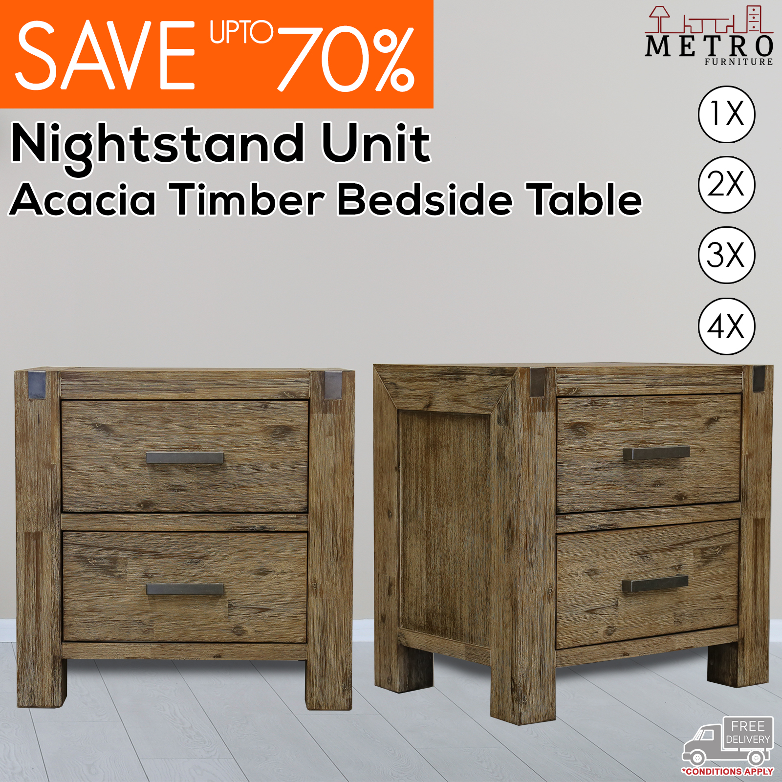 New Luxury Acacia Timber Premium Bedside Table Nightstand